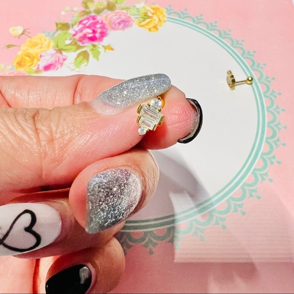 North South Baguette and Round Crystal CZ 18k Gold Plated Pierced Earring 1pc - Picture 2 of 5